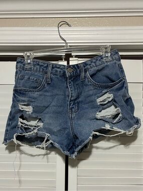 Ripped High-Rise Denim Shorts in Blue